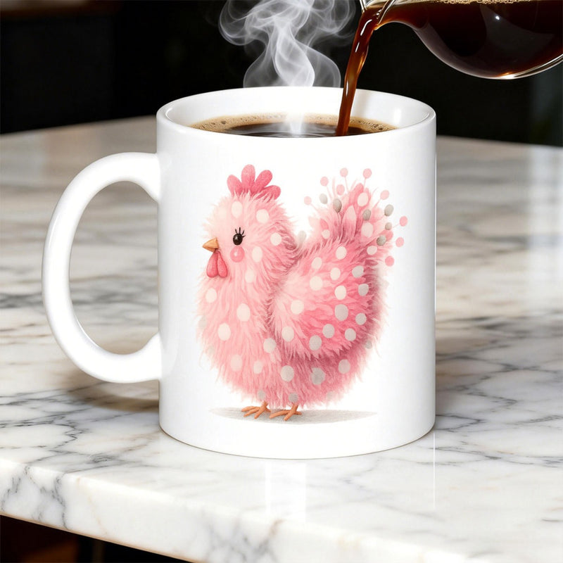 Tailorly White Ceramic 11 oz Mug - Charming Little Pink Fluffy Hen With White Polka Dots And Tiny Feet Chicken