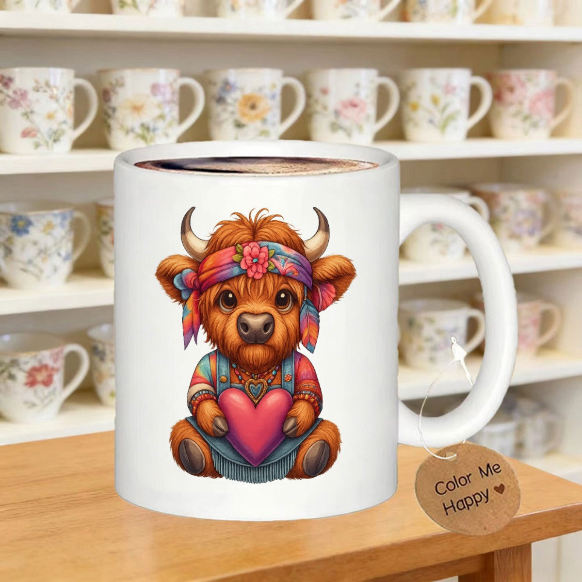 Tailorly White Ceramic 11 oz Mug - Color Me Happy Adorable Cartoon Highland Calf Wearing Floral Headband Holding A Pink Heart Cow