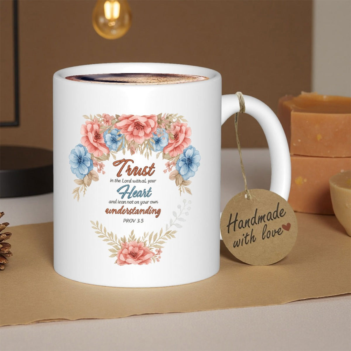 Tailorly White Ceramic 11 oz Mug - Trust Heart Prov 3 5 Blooming Floral Wreath With Colorful Petals And Elegant Script Lettering Flower