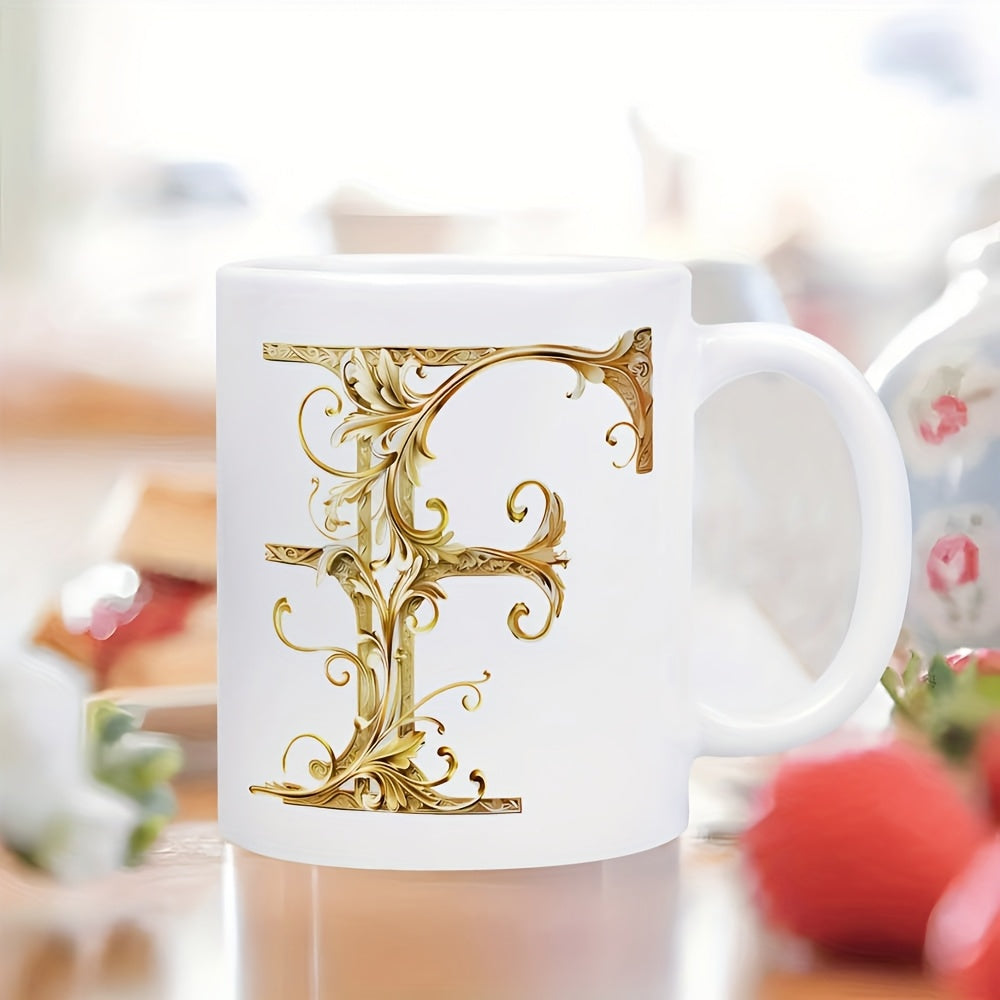 Tailorly White Ceramic 11 oz Mug - F Golden Intricate Baroque Style With Elegant Floral Filigree Ornamental Detail Letter