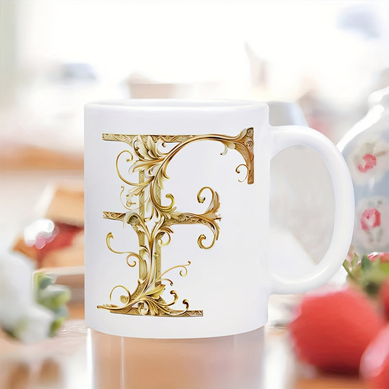 Tailorly White Ceramic 11 oz Mug - F Golden Intricate Baroque Style With Elegant Floral Filigree Ornamental Detail Letter