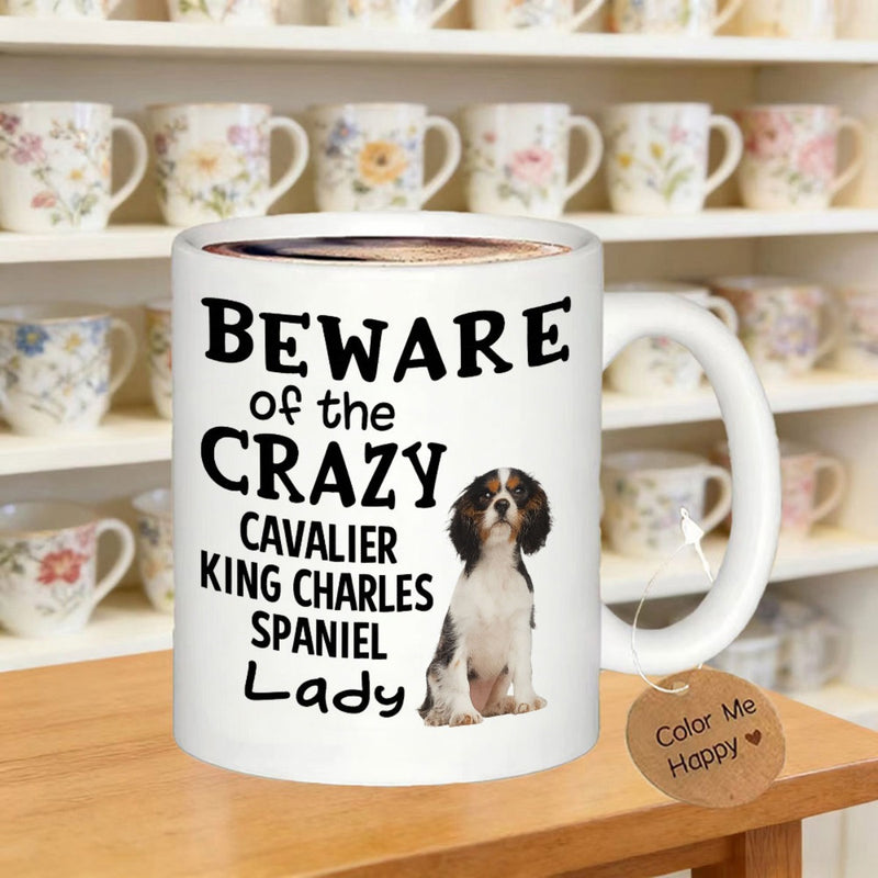 Tailorly White Ceramic 11 oz Mug - Beware Of The Crazy Cavalier King Charles Spaniel Lady Adorable Sitting Tri Color Puppy Featuring Long Floppy Ears Dog