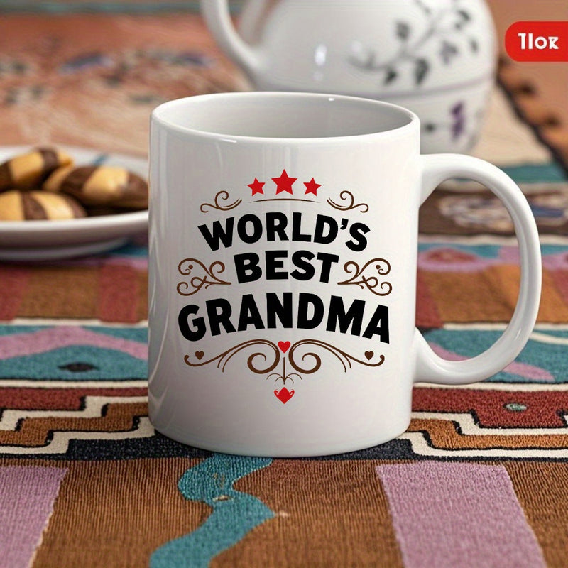 Tailorly White Ceramic 11 oz Mug - Worlds Best Grandma Elegant Black Swirls And Red Stars Decorating