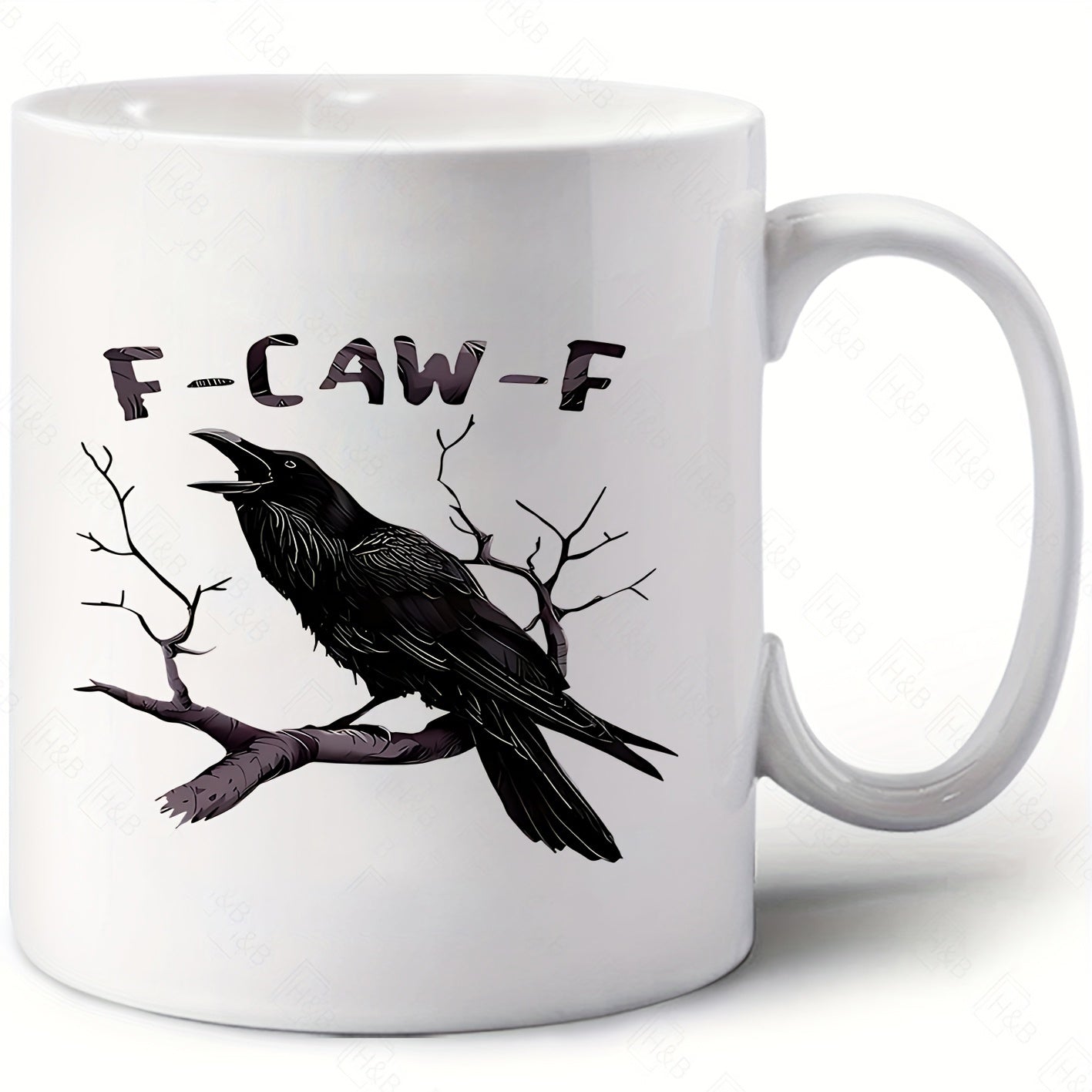 Tailorly White Ceramic 11 oz Mug - F Caw F Sitting On A Withered Branch With Dark Feathers And Sharp Beak Raven