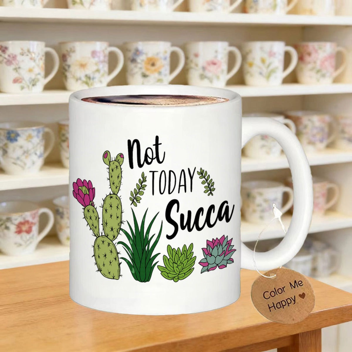 Tailorly White Ceramic 11 oz Mug - Not Today Succa Vibrant Green Desert Cacti Featuring A Pink Flower Bloom Succulent