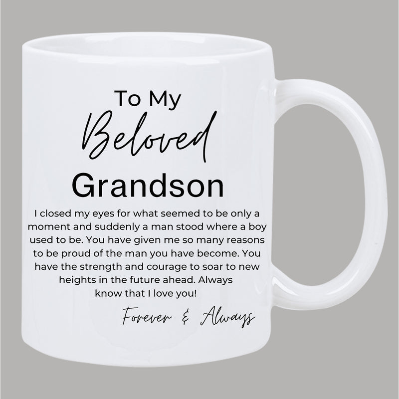 Tailorly White Ceramic 11 oz Mug - To My Beloved Grandson Clean White Minimalist Design With Elegant Script And Meaningful Quote Mug