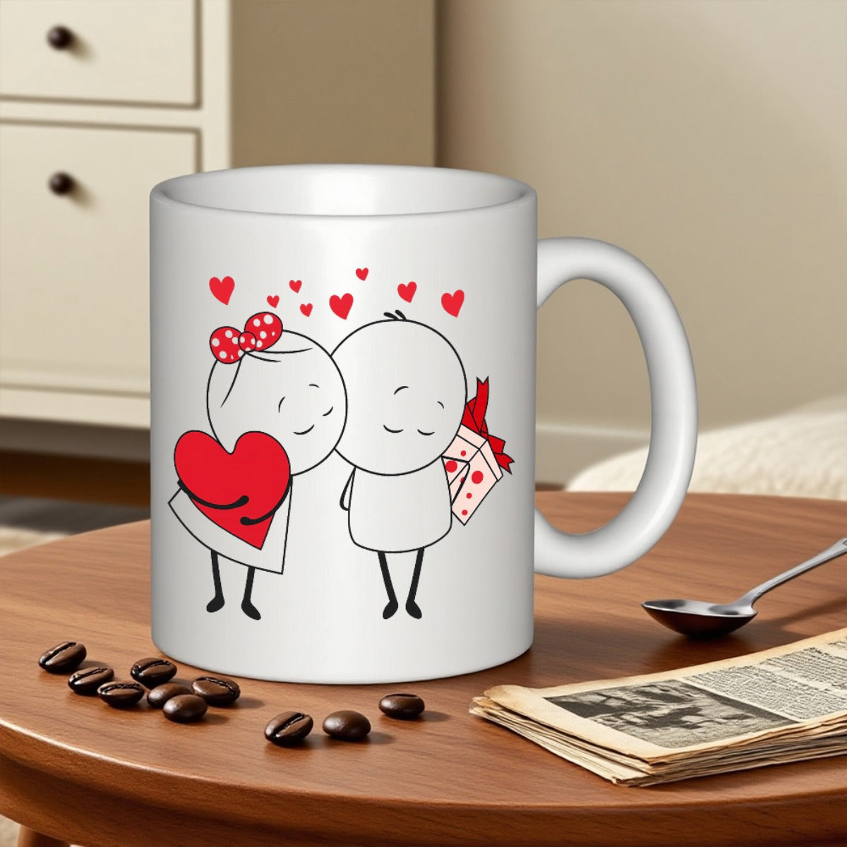 Tailorly White Ceramic 11 oz Mug - Cute Minimalist Stick Figures Sharing Love With Red Hearts And Gifts Couple