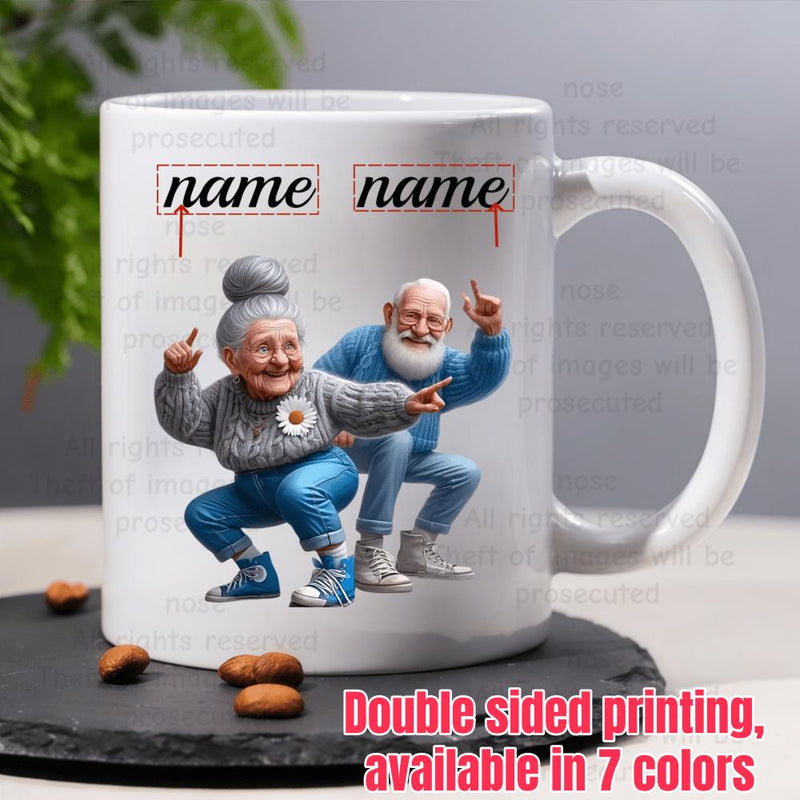 Tailorly White Ceramic 11 oz Mug - Name Name Fun Elderly Couple Wearing Trendy Streetwear Clothes Dancing Grandparents