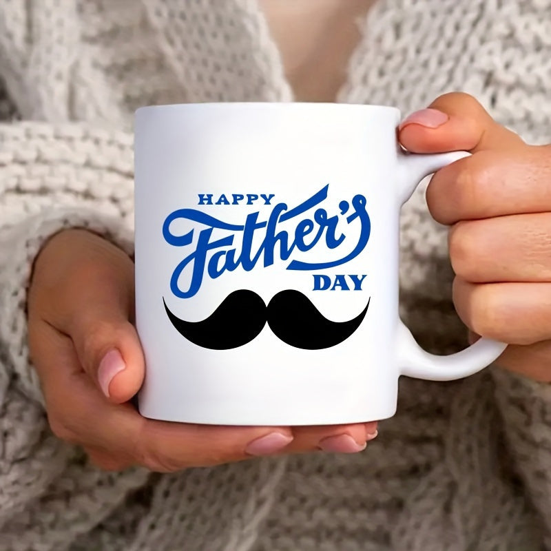 Tailorly White Ceramic 11 oz Mug - Happy Fathers Day Classic Black Handlebar Mustache With Elegant Blue Cursive Script Holiday Typography Mustache