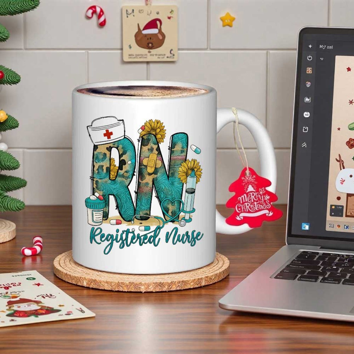 Tailorly White Ceramic 11 oz Mug - RN Registered Nurse Leopard Pattern Art Style With Colorful Medical Icons Nurse