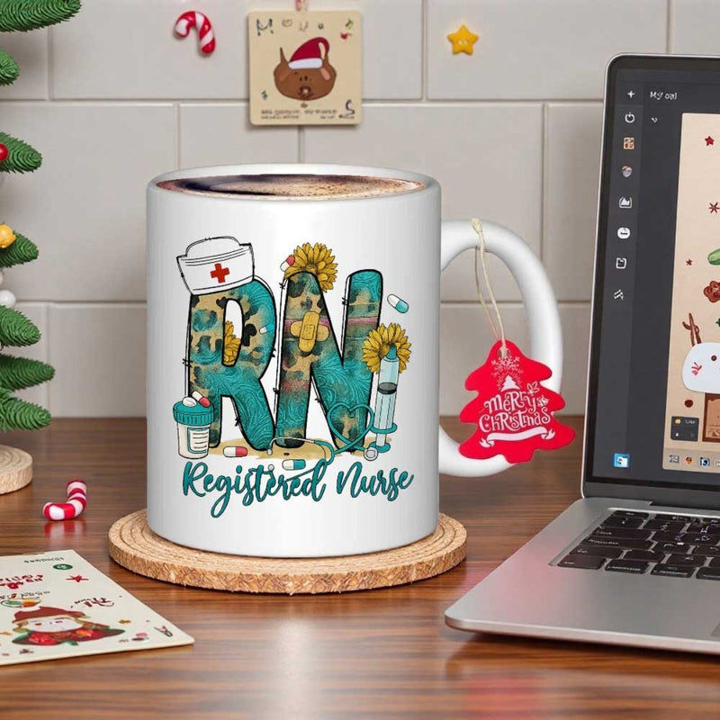Tailorly White Ceramic 11 oz Mug - RN Registered Nurse Leopard Pattern Art Style With Colorful Medical Icons Nurse