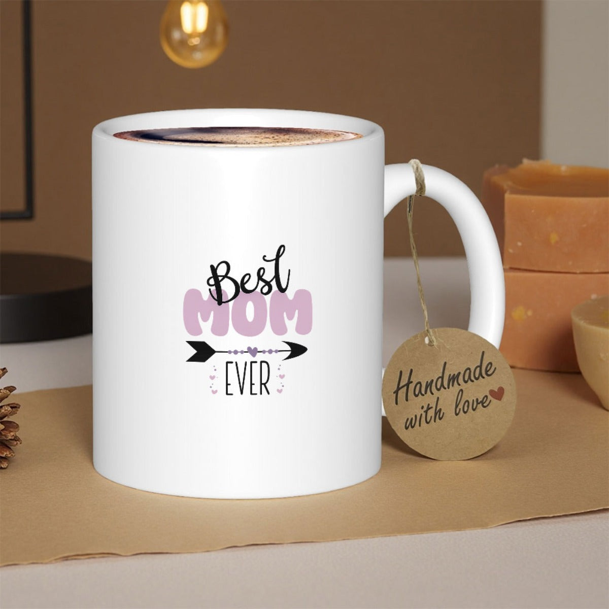 Tailorly White Ceramic 11 oz Mug - Best Mom Ever Pink Bubble Letters With Heart Arrow Decorative Graphics Mug