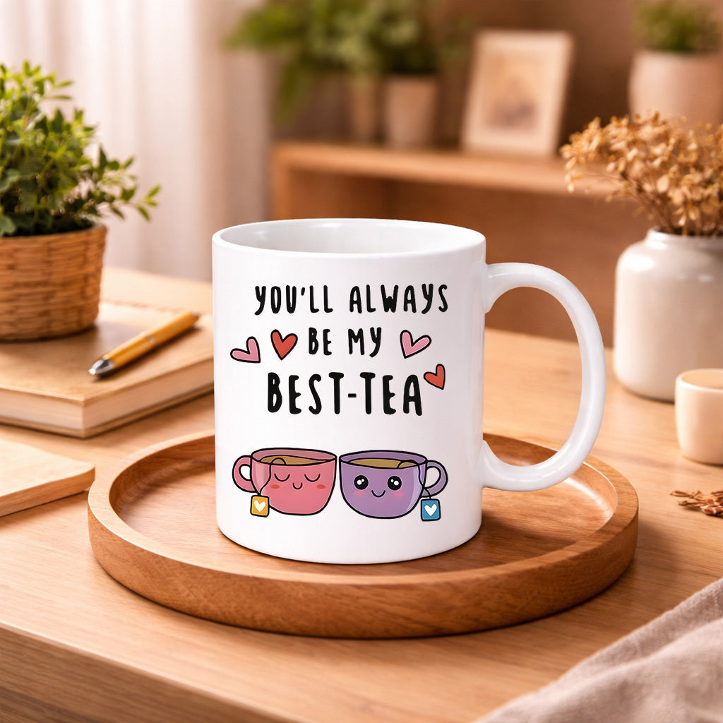 Tailorly White Ceramic 11 oz Mug - Youll Always Be My Best Tea Cute Cartoon Tea Cups With Smiling Faces Surrounded By Tiny Floating Hearts Mug