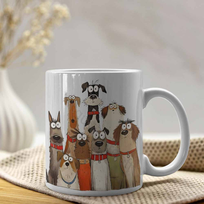 Tailorly White Ceramic 11 oz Mug - Funny Illustrated Group Of Various Dogs Wearing Colorful Collars Dogs