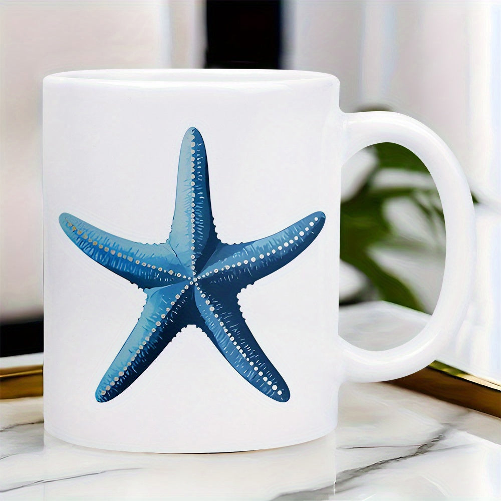 Tailorly White Ceramic 11 oz Mug - Detailed Deep Blue Sea Life With Delicate White Textured Pattern Points Starfish