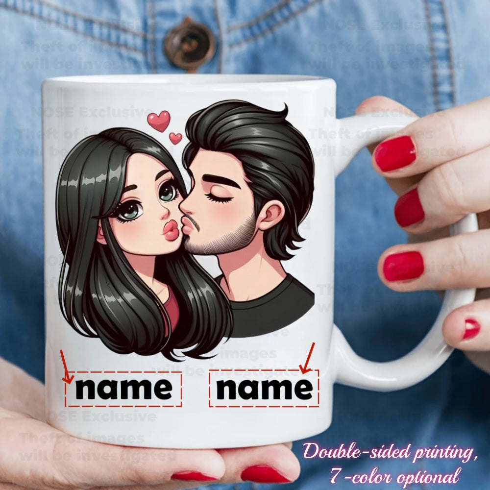 Tailorly White Ceramic 11 oz Mug - Name Sweet Cartoon Romantic Lovers Kissing Surrounded By Small Red Hearts Couple