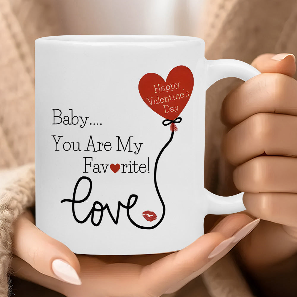Tailorly White Ceramic 11 oz Mug - Baby You Are My Favorite Love Happy Valentine's Day Red Heart Shaped Balloon Attached To Curvy String With Kiss Mark Heart