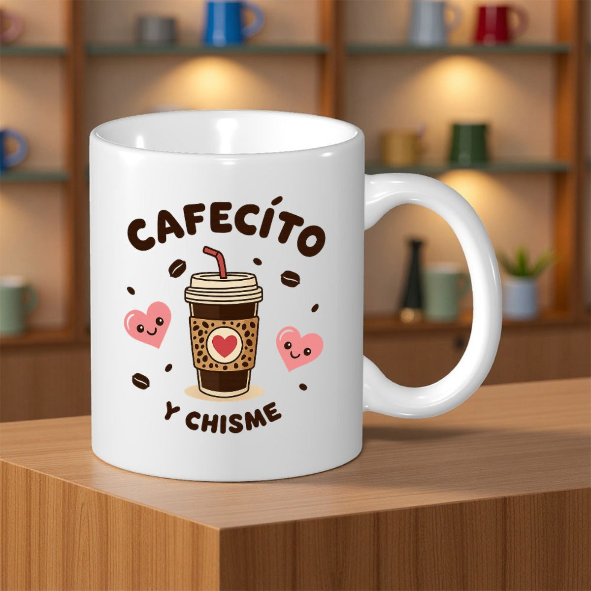 Tailorly White Ceramic 11 oz Mug - Adorable Cartoon Illustration With Leopard Print Sleeve And Pink Hearts Coffee Cup