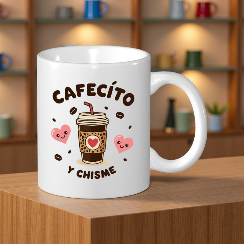 Tailorly White Ceramic 11 oz Mug - Adorable Cartoon Illustration With Leopard Print Sleeve And Pink Hearts Coffee Cup