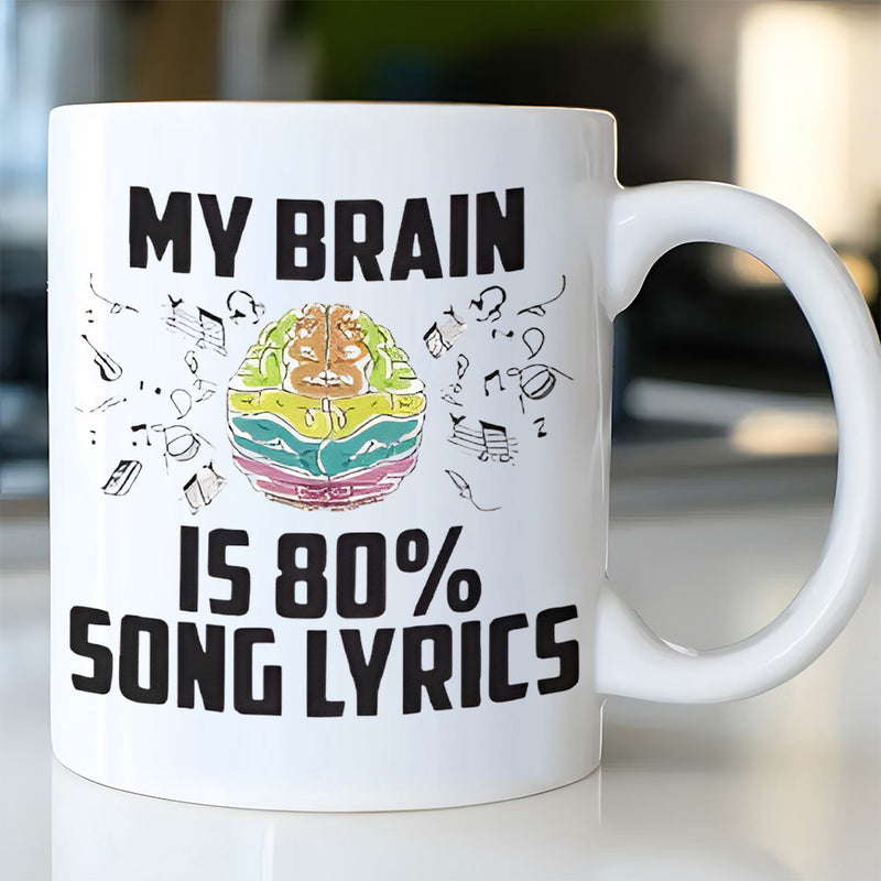 Tailorly White Ceramic 11 oz Mug - My Brain Is 80% Song Lyrics Colorful Brain Surrounded By Floating Musical Notes And Instrument Icons Brain