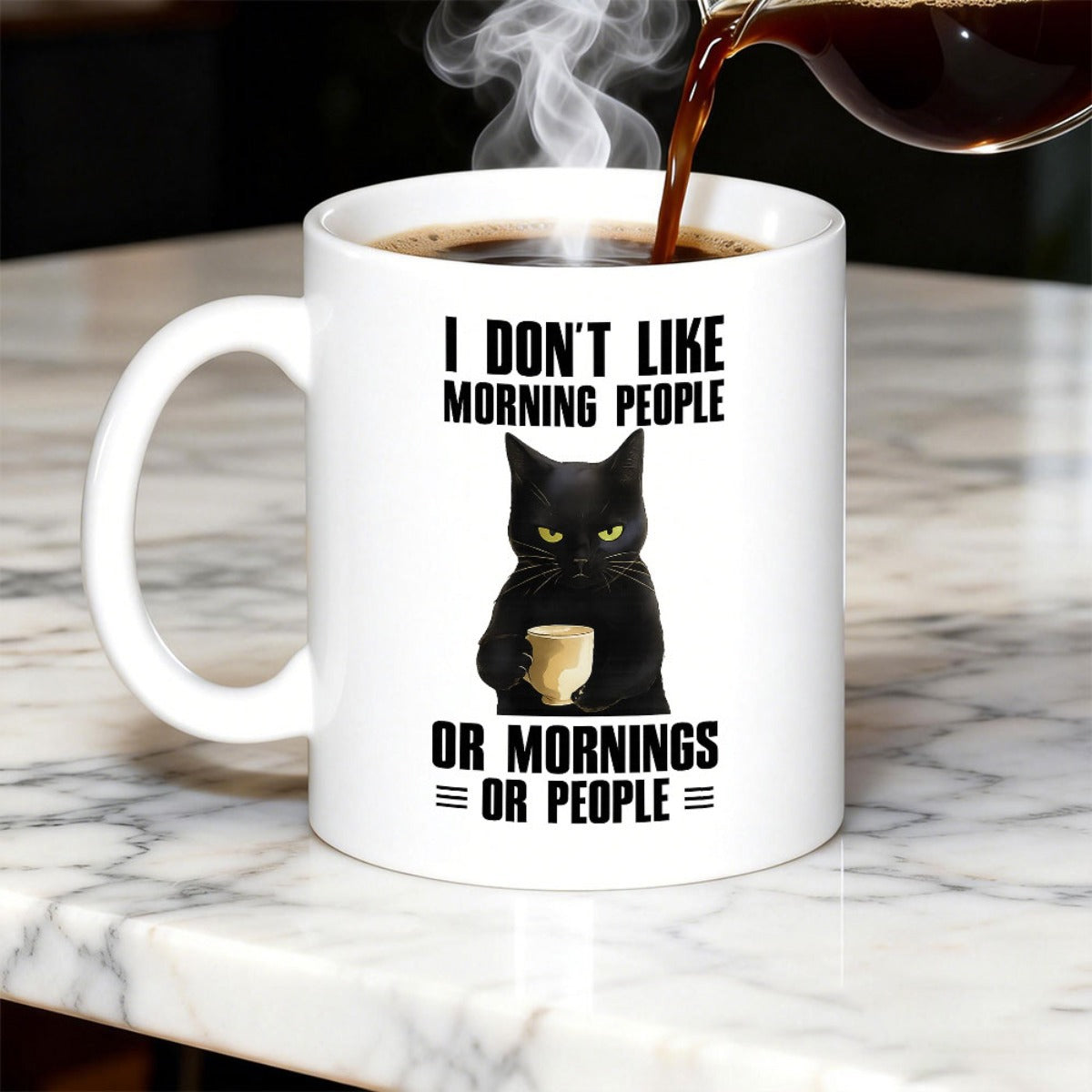 Tailorly White Ceramic 11 oz Mug - I Don't Like Morning People Or Mornings Or People Sitting Grumpy Black Feline Holding Hot Cup Of Morning Coffee Cat