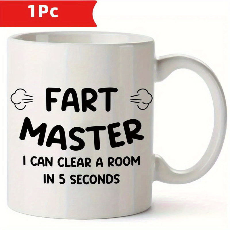 Tailorly White Ceramic 11 oz Mug - Fart Master I Can Clear A Room In 5 Seconds Minimalist Cartoon Smoke Clouds Decorated On Polished