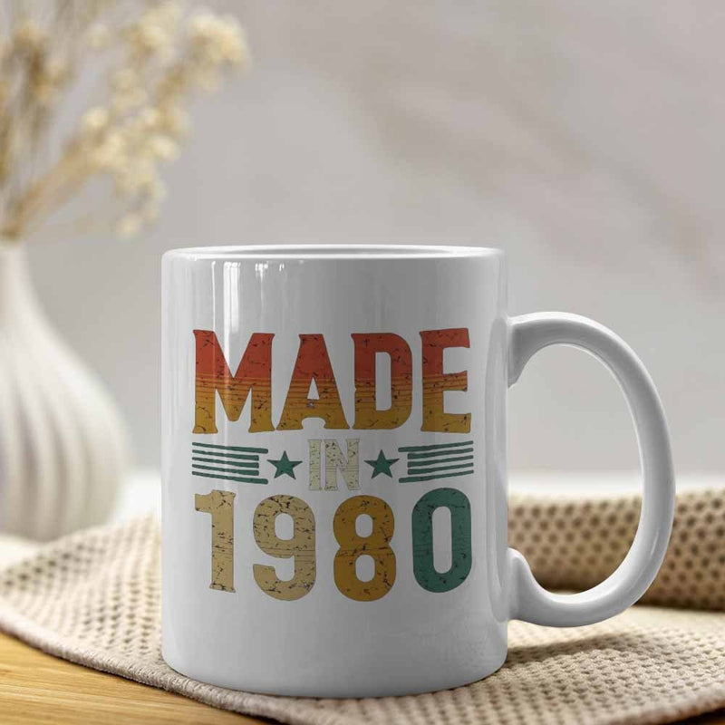 Tailorly White Ceramic 11 oz Mug - Made In 1980 Retro Distressed Style With Horizontal Lines And Stars In Vintage Colors Typography