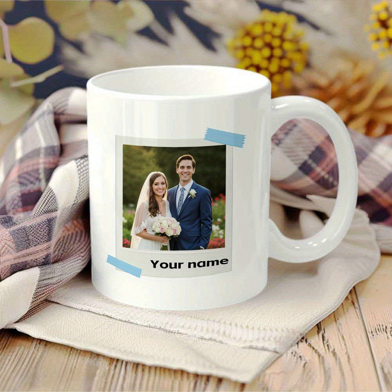 Tailorly White Ceramic 11 oz Mug - Your Name Romantic Wedding Couple Within An Elegant Classic Polaroid Style Frame Mug