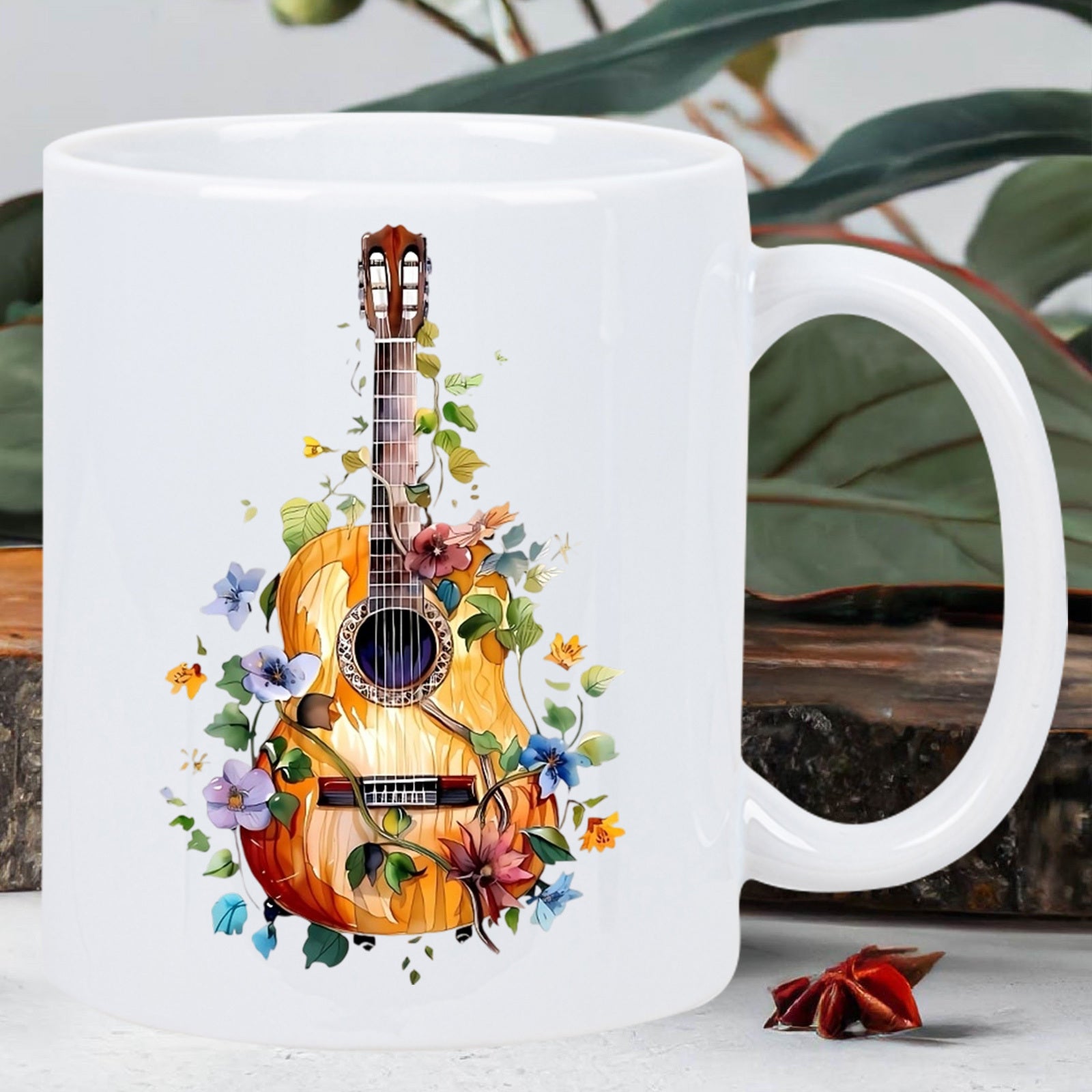 Tailorly White Ceramic 11 oz Mug - Acoustic Instrument Entwined With Colorful Blooming Flowers And Green Leafy Vines Guitar