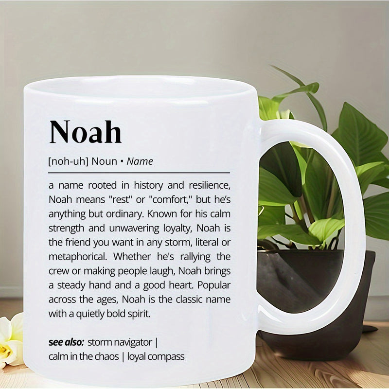 Tailorly White Ceramic 11 oz Mug - Noah Name Meaning Minimalist Black Dictionary Typography Layout On Clean Ceramic Mug