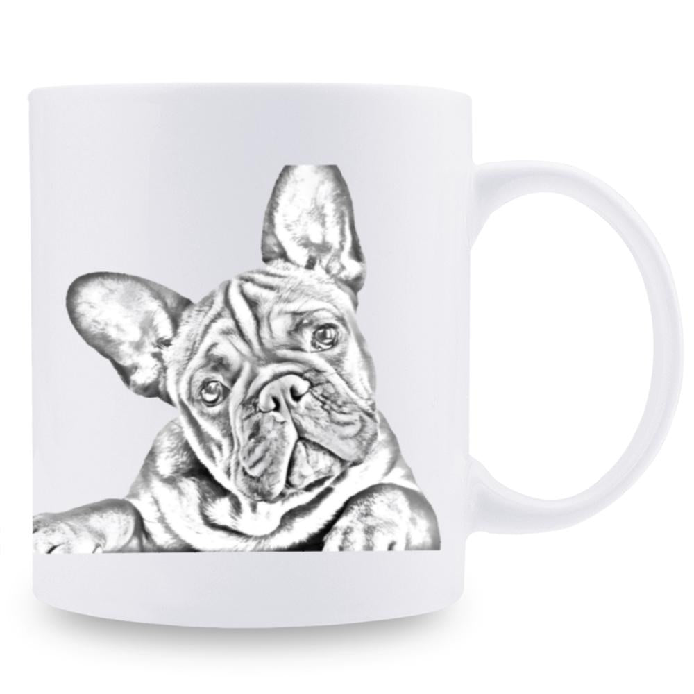 Tailorly White Ceramic 11 oz Mug - Detailed Charcoal Sketch Showing A Realistic Peeking Pet Portrait Bulldog