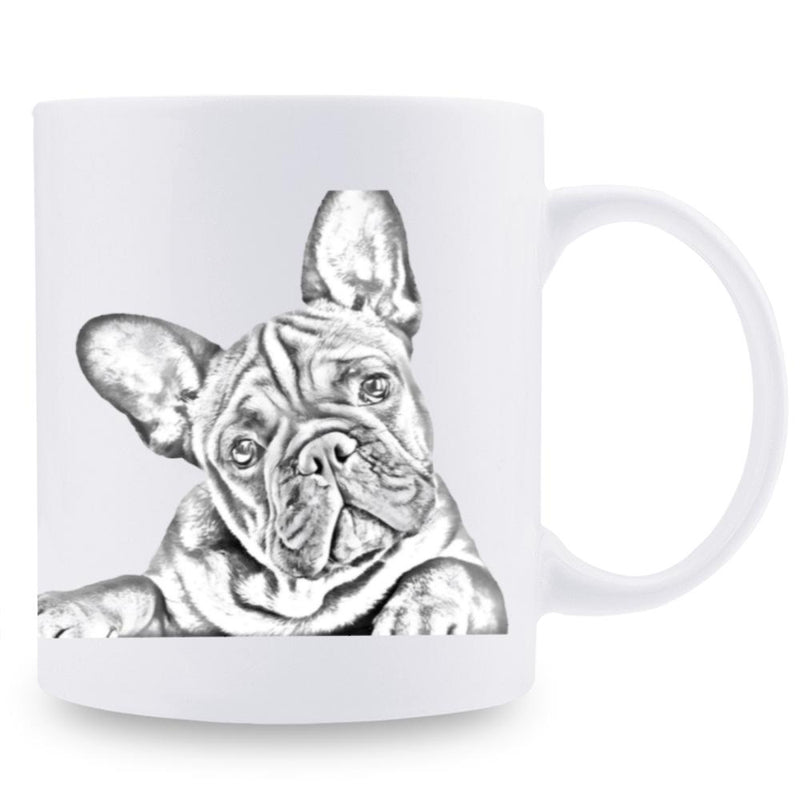 Tailorly White Ceramic 11 oz Mug - Detailed Charcoal Sketch Showing A Realistic Peeking Pet Portrait Bulldog