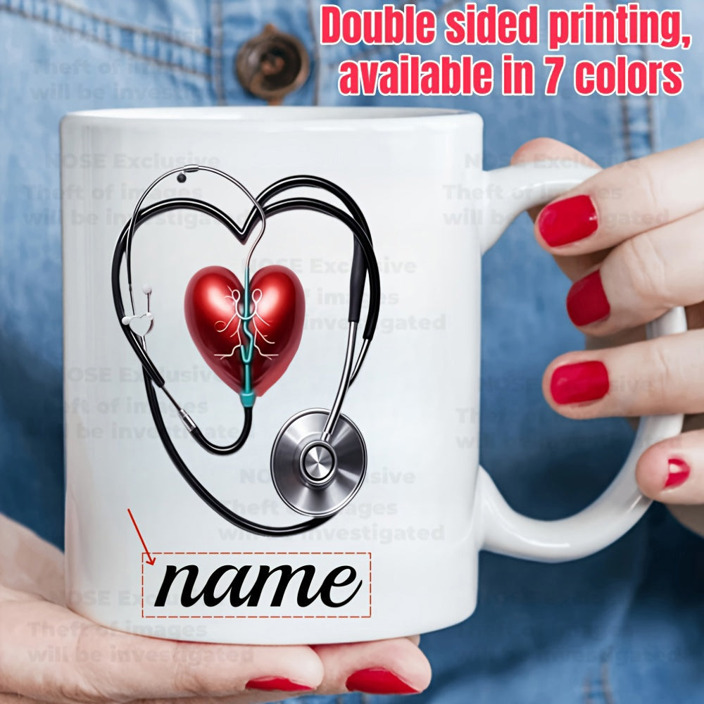 Tailorly White Ceramic 11 oz Mug - Name Professional Black Stethoscope Wrapped Around A Realistic Shining Crimson Heart