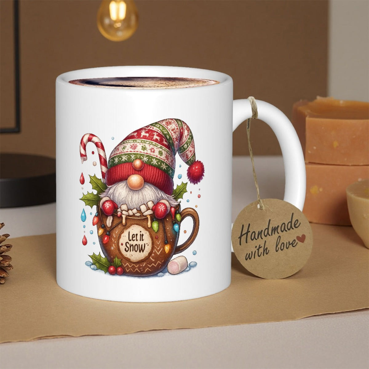 Tailorly White Ceramic 11 oz Mug - Let It Snow Festive Christmas Gnome Sitting Inside A Warm Decorative Cup Gnome