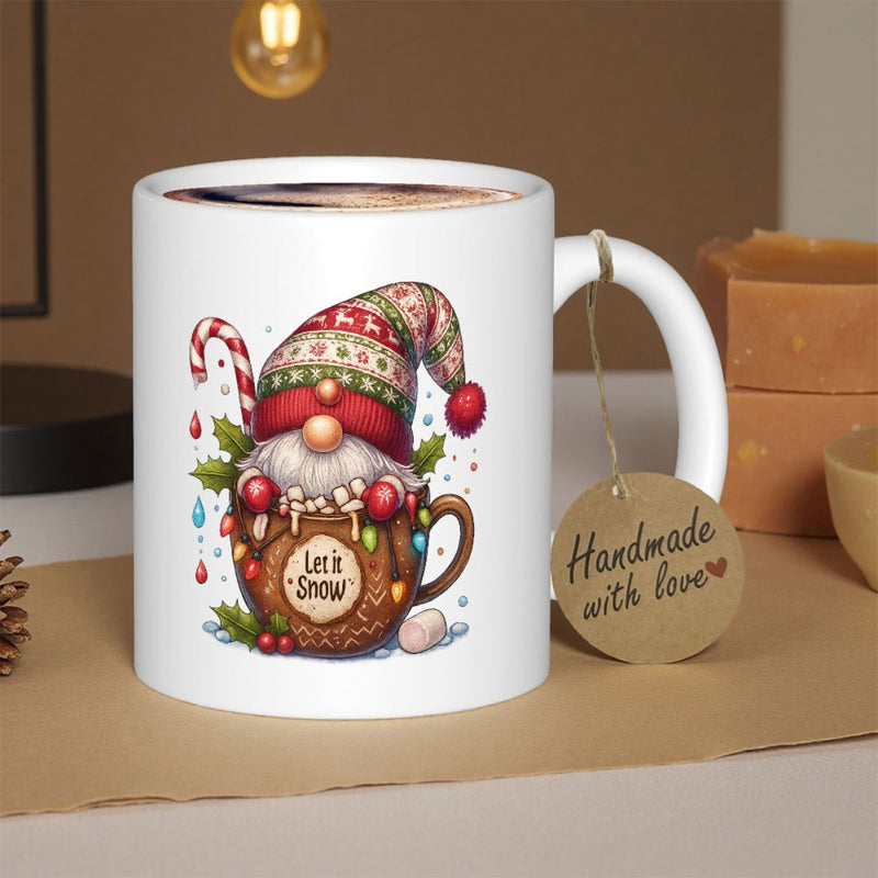 Tailorly White Ceramic 11 oz Mug - Let It Snow Festive Christmas Gnome Sitting Inside A Warm Decorative Cup Gnome