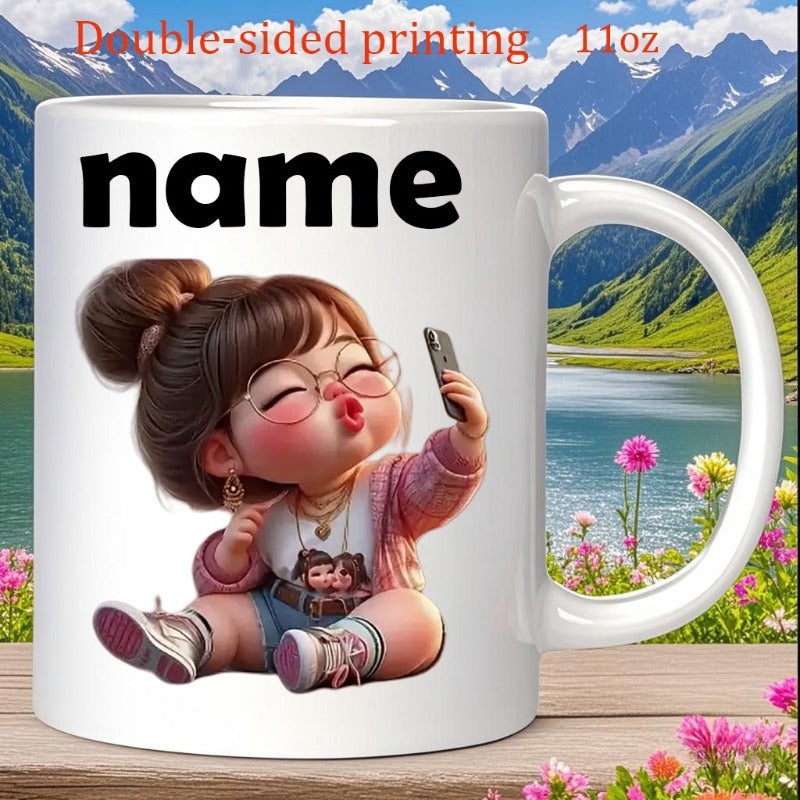 Tailorly White Ceramic 11 oz Mug - Name Cute 3D Cartoon Character Wearing Glasses Taking A Selfie With A Phone Girl
