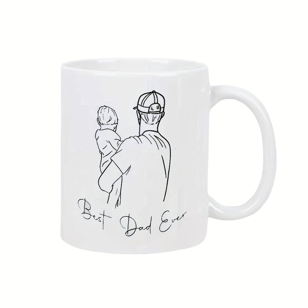 Tailorly White Ceramic 11 oz Mug - Best Dad Ever Minimalist Line Art Drawing Of A Caring Cap Wearing Father