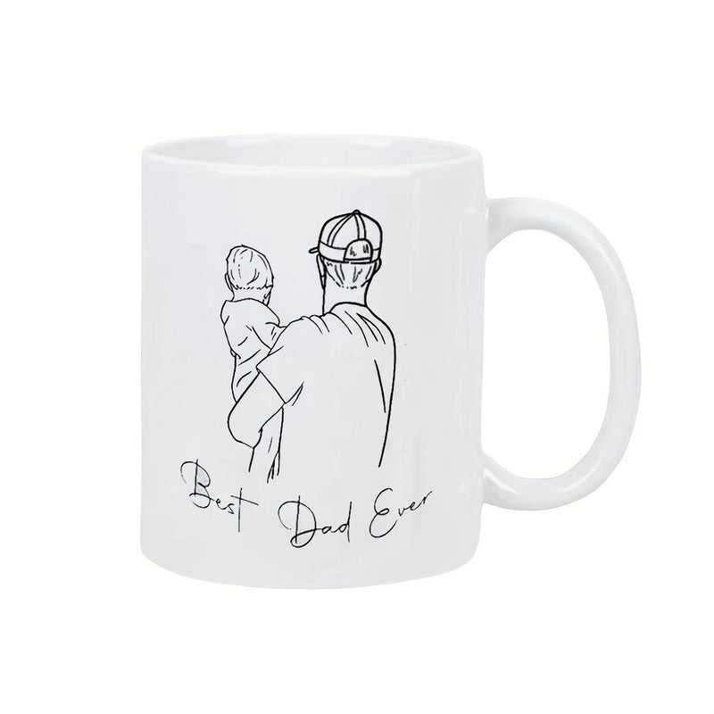 Tailorly White Ceramic 11 oz Mug - Best Dad Ever Minimalist Line Art Drawing Of A Caring Cap Wearing Father