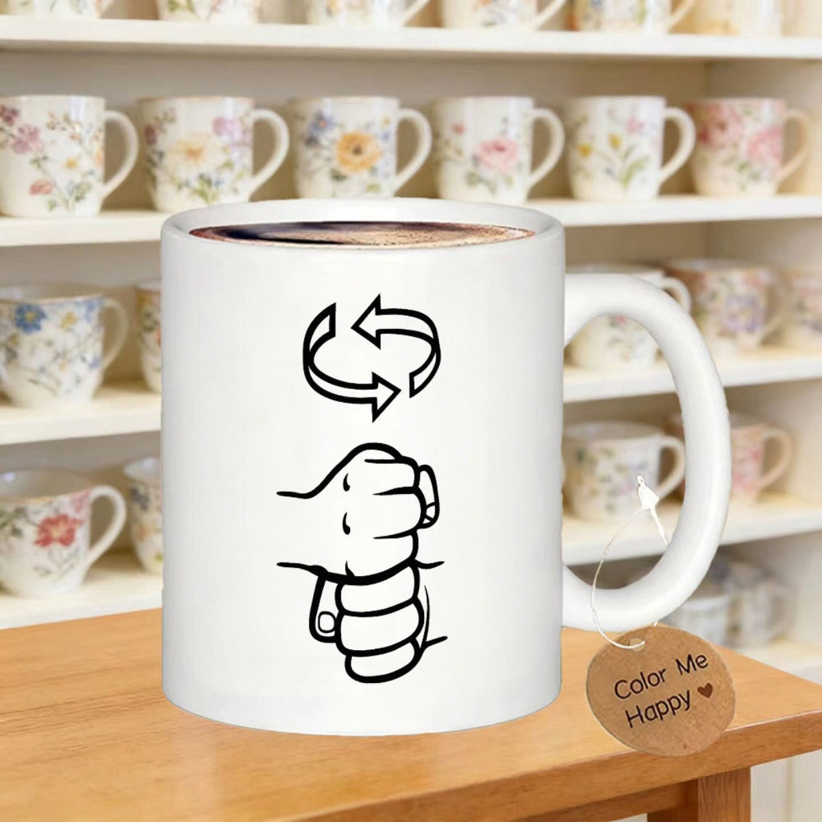 Tailorly White Ceramic 11 oz Mug - Color Me Happy Minimalist Black Line Art Showing Stacked Hands Under Rotating Arrows Hand