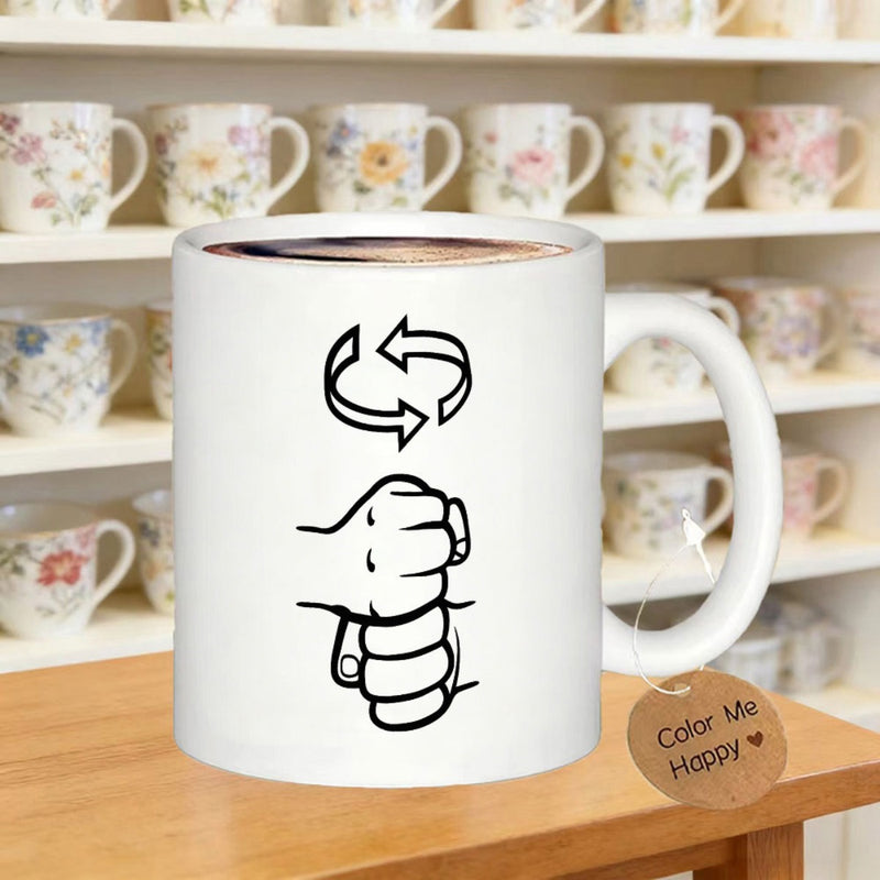 Tailorly White Ceramic 11 oz Mug - Color Me Happy Minimalist Black Line Art Showing Stacked Hands Under Rotating Arrows Hand