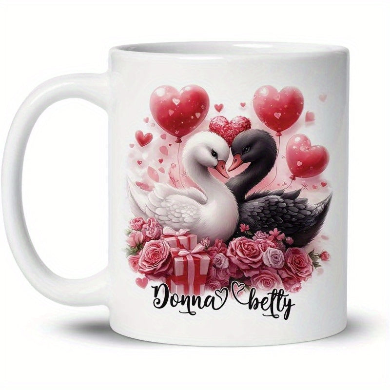 Tailorly White Ceramic 11 oz Mug - Donna Betty Graceful Black And White Swans Among Pink Roses And Heart Balloons Swan