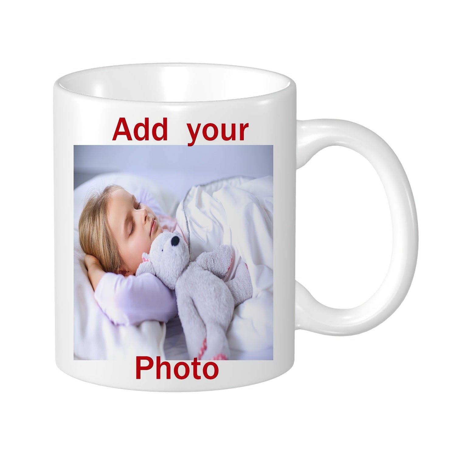 Tailorly White Ceramic 11 oz Mug - Add Your Photo Sleeping Peacefully With A Plush Stuffed Bear In White Bedding Child