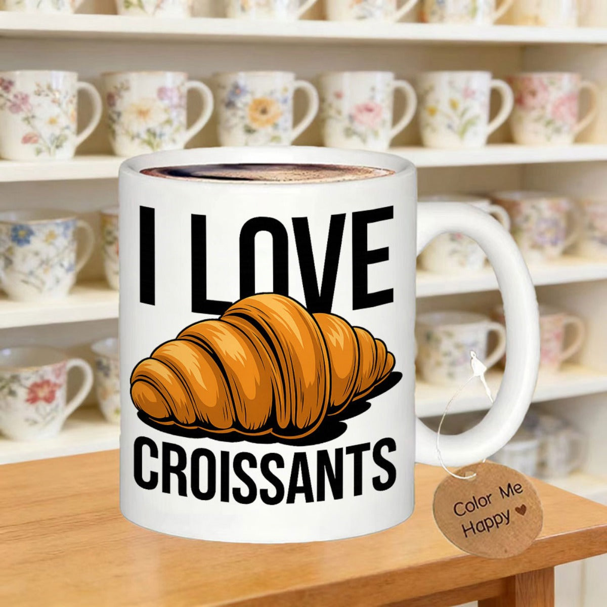 Tailorly White Ceramic 11 oz Mug - I Love Croissants Golden Brown Pastry With Flaky Layers Resting On A White Surface Croissant