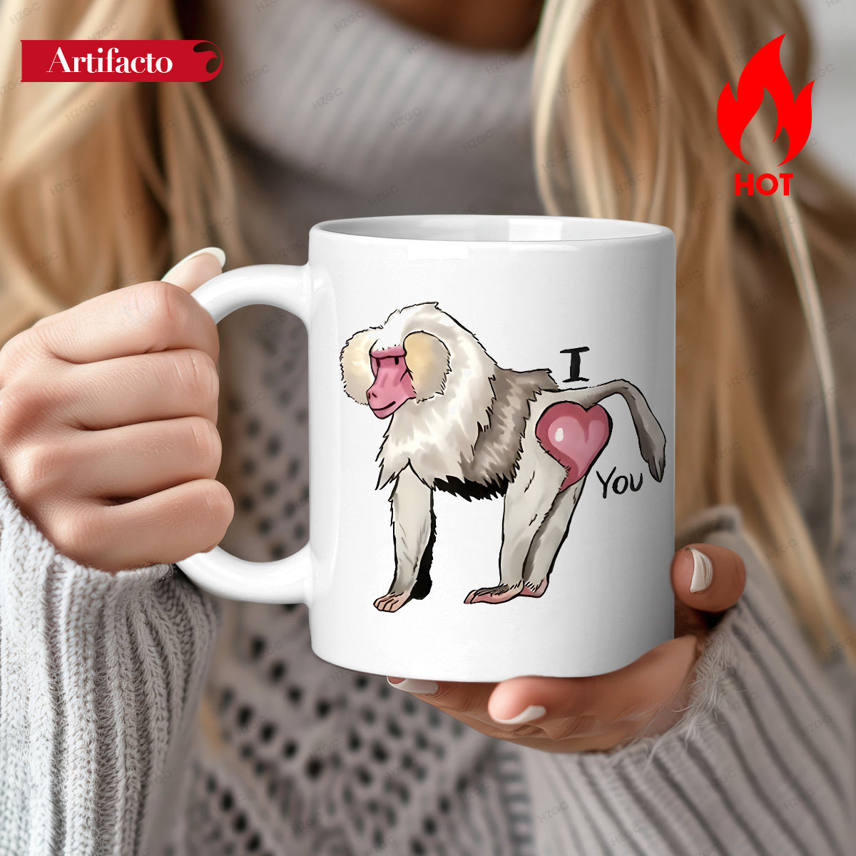 Tailorly White Ceramic 11 oz Mug - I You Whimsical Cartoon Baboon Showing Heart Shaped Buttocks On White Ceramic Baboon