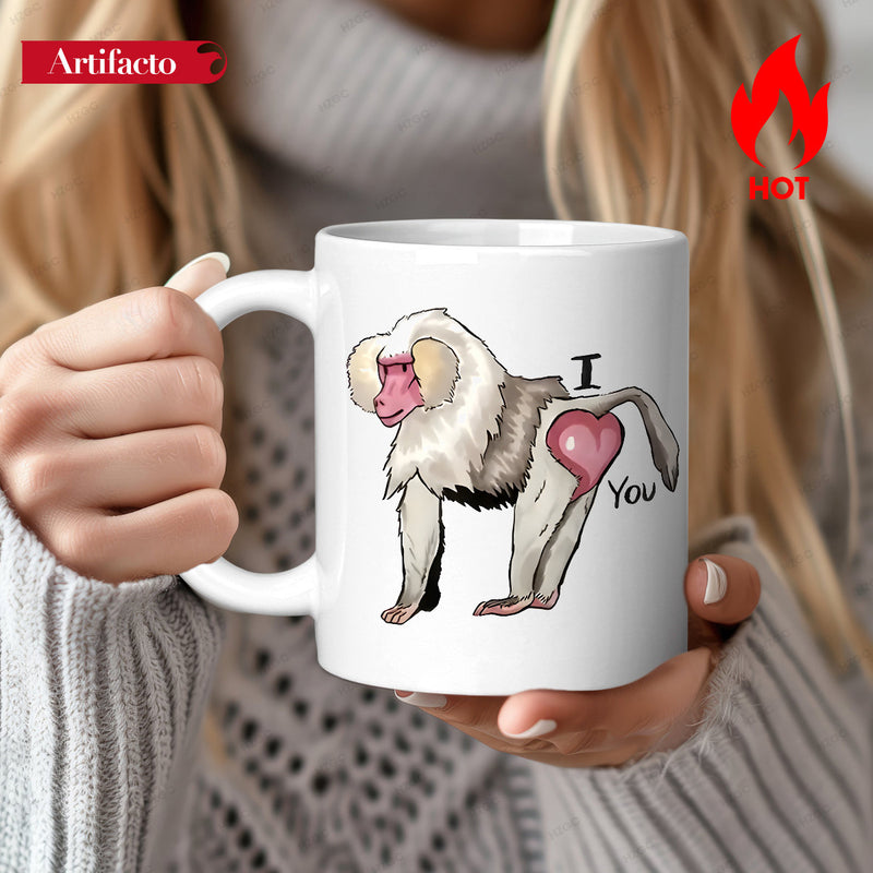 Tailorly White Ceramic 11 oz Mug - I You Whimsical Cartoon Baboon Showing Heart Shaped Buttocks On White Ceramic Baboon