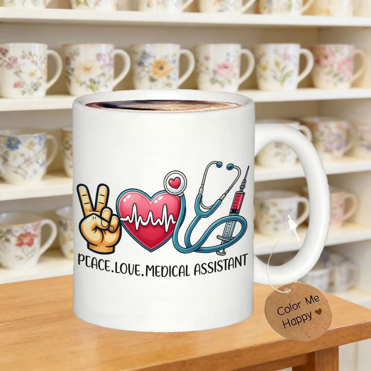 Tailorly White Ceramic 11 oz Mug - Peace Love Medical Assistant Medical Tools With Heart Rate And Syringe Stethoscope