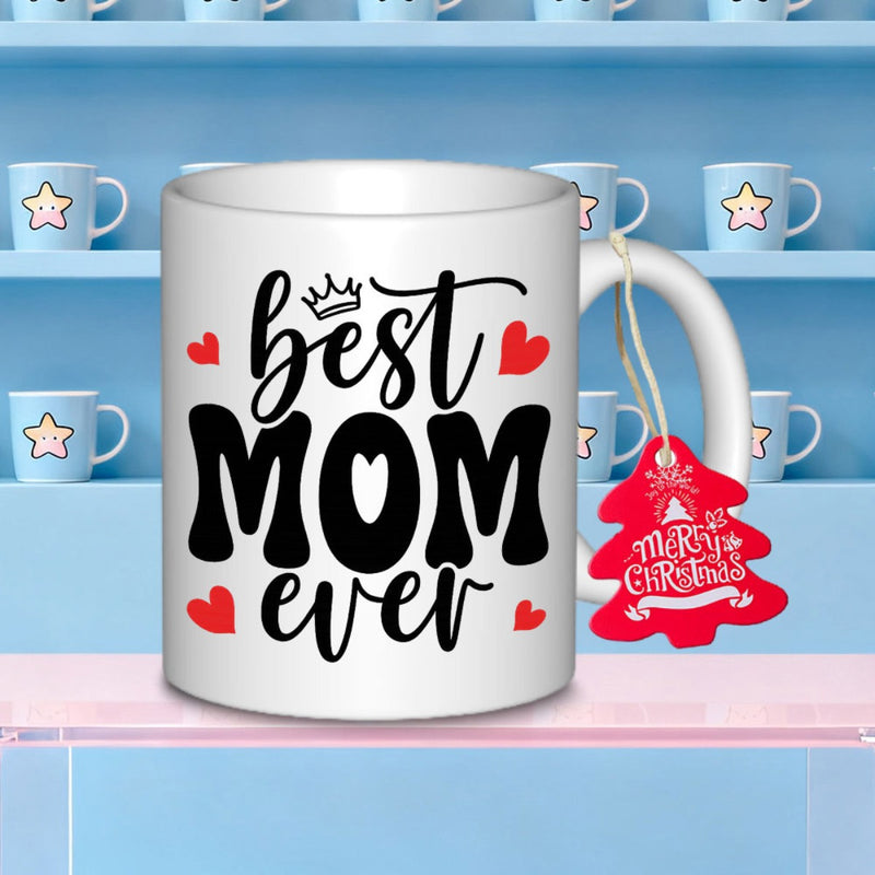Tailorly White Ceramic 11 oz Mug - Best Mom Ever Merry Christmas With Bold Retro Typography Red Hearts And Cursive Script Mug