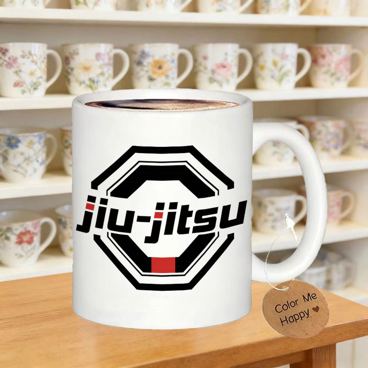 Tailorly White Ceramic 11 oz Mug - Jiu Jitsu Bold Octagonal Frame With Stylized Sporty Font For Combat Training Octagon