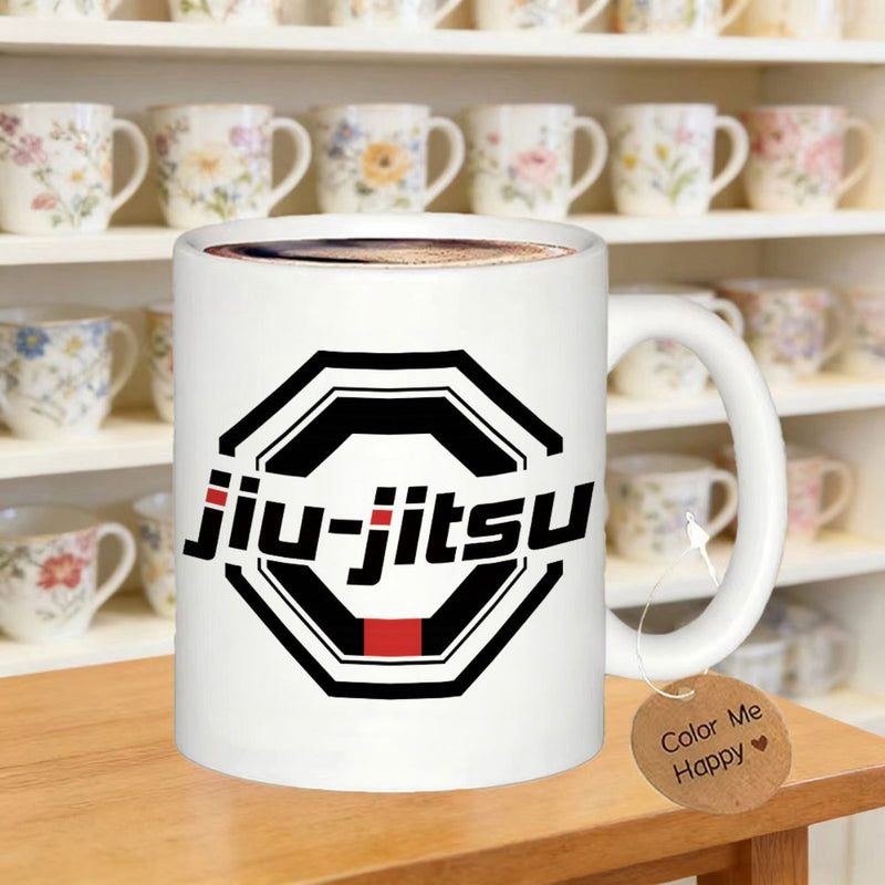 Tailorly White Ceramic 11 oz Mug - Jiu Jitsu Bold Octagonal Frame With Stylized Sporty Font For Combat Training Octagon
