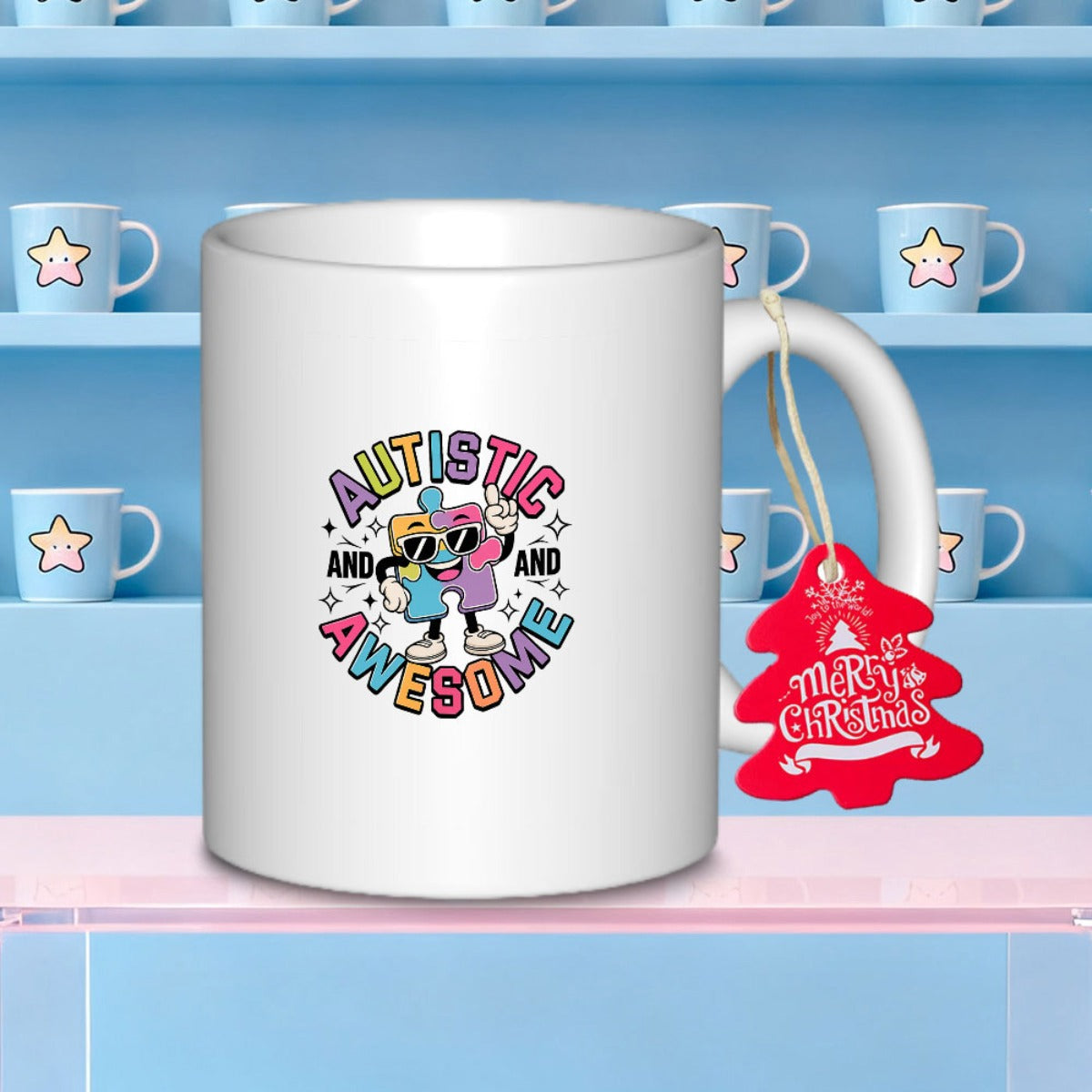 Tailorly White Ceramic 11 oz Mug - Autistic And Awesome Colorful Retro Groovy Dancing Cartoon Figures Wearing Trendy Sunglasses Characters